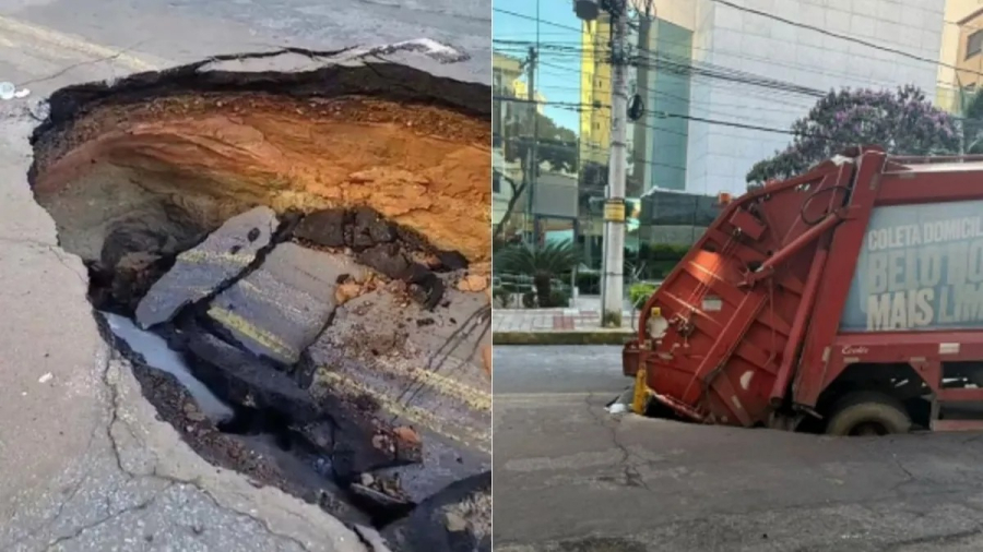 Buraco abre em rua e caminhão da SLU fica preso em BH
